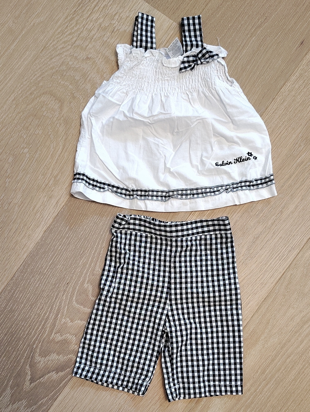 Calvin Klein White Smocked Top with Black Gingham Shorts